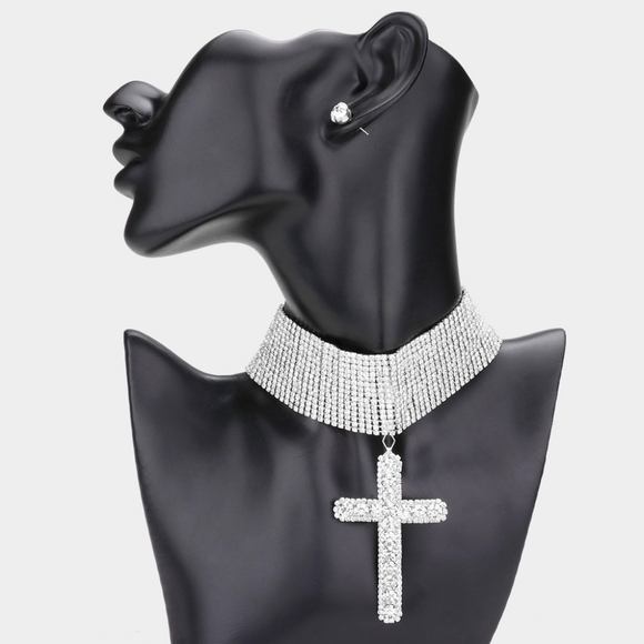 Silver Bubble Crystal Cross Pendant Charm Choker Necklace Big Statement Jewelry - Picture 1 of 5
